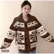 批发复古费尔岛红色提花<b class='q'>毛衣</b>外套女冬季<b class='q'>新款</b>宽松显瘦翻领针织休闲上衣