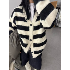 批发条纹针织开衫外套女2025秋冬新款宽松显瘦百搭中长款上衣潮