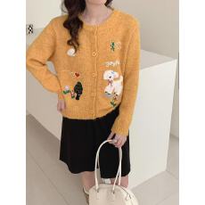 批发十三行2025秋冬新款童趣风卡通刺绣针织开衫女慵懒风宽松毛衣外套