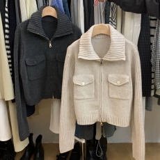 批发十三行韩货<b class='q'>正品</b>洋气时尚百搭显瘦气质减龄立领双拉链针织开衫