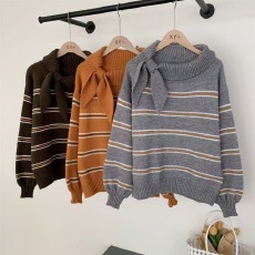 批发2025秋<b class='q'>冬</b>新款韩系慵懒风条纹针织衫女圆领宽松显瘦百搭毛衣女厚