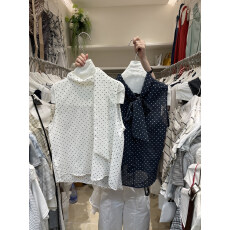 批发纯欲白色波点无袖衬衫女夏款小众设计感别致独特系带蝴蝶结上衣潮