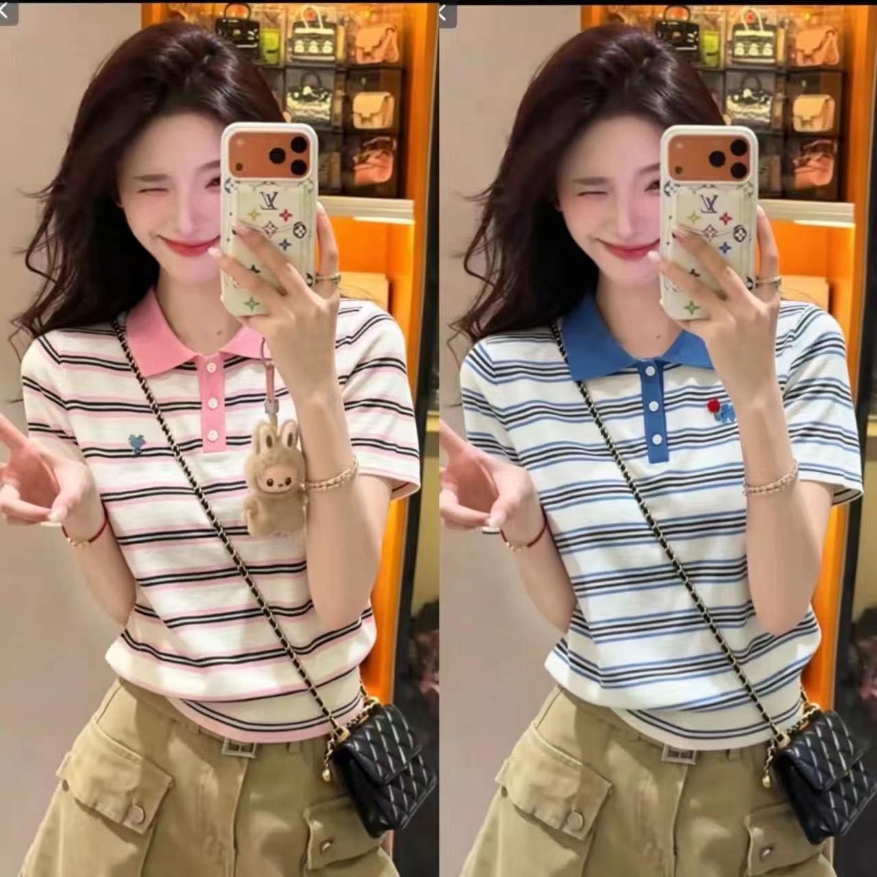 만화 아기 코끼리 자수 톰 글 래 원인 파란색 스트라이프 배색 라운드 넥 반팔 니트 스웨터 여성 여름 루즈핏 맨위 t