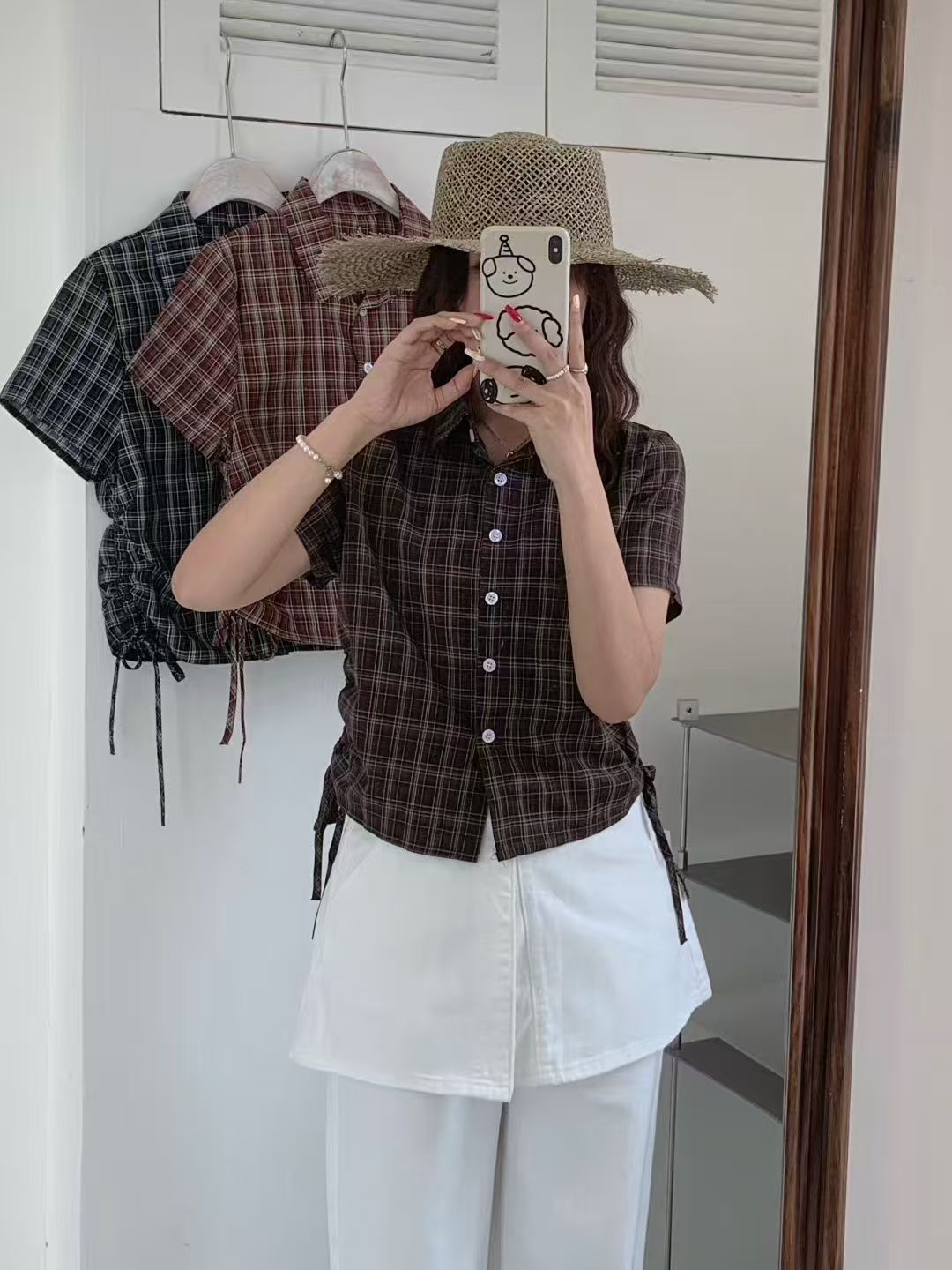 한 부서 레트로 여름 새로운 다용도 디자인 센스 펌프 로프 체크무늬 반팔 셔츠 몸매 가꾸기 작은 대중 쇼트 스타일 맨위 여성