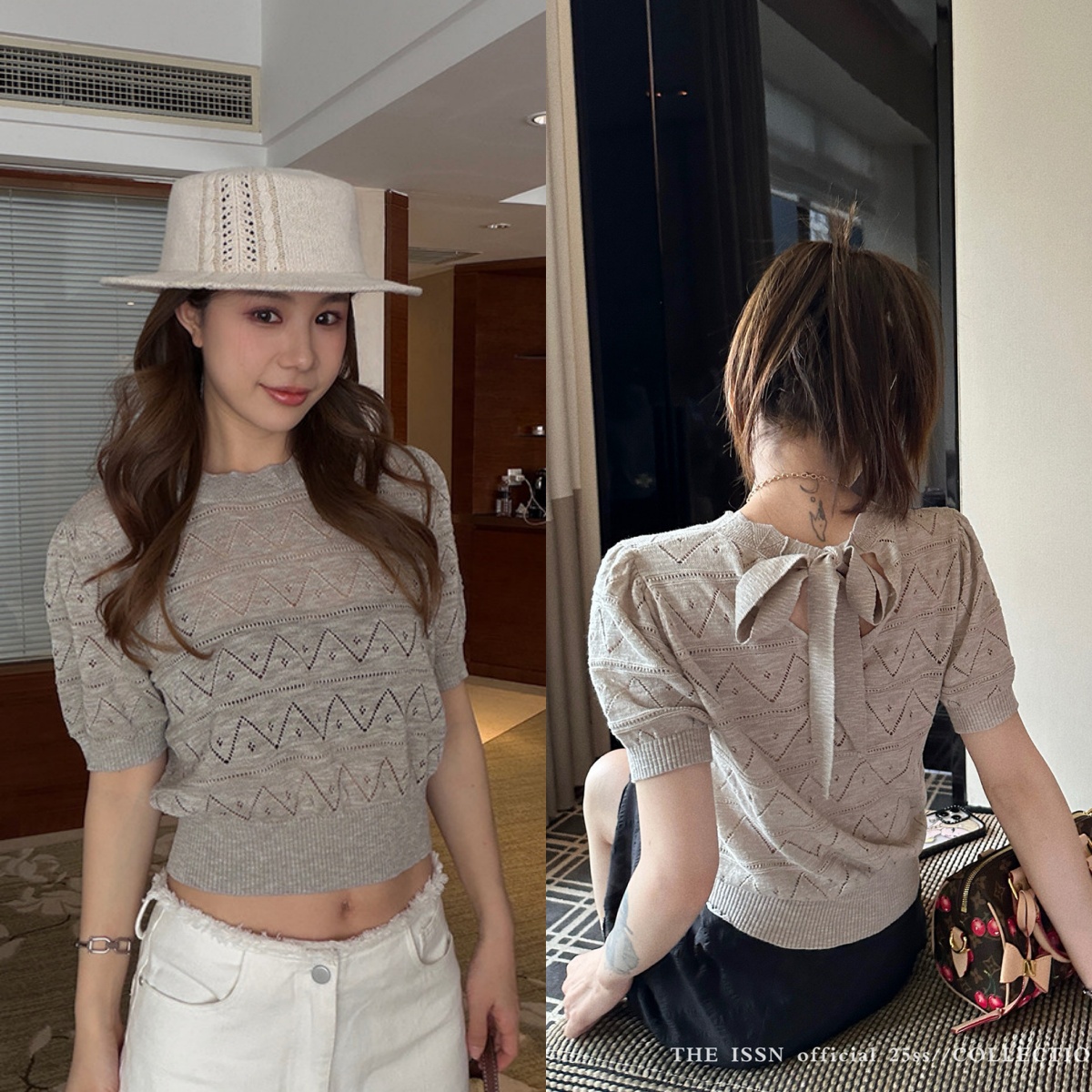프랑스식 느긋한 바람 회색 홀로우 아웃 라운드 넥 니트 반팔 티셔츠 여성 여름 디자인 센스 슬림해 보이는 다용도 짧은 맨위