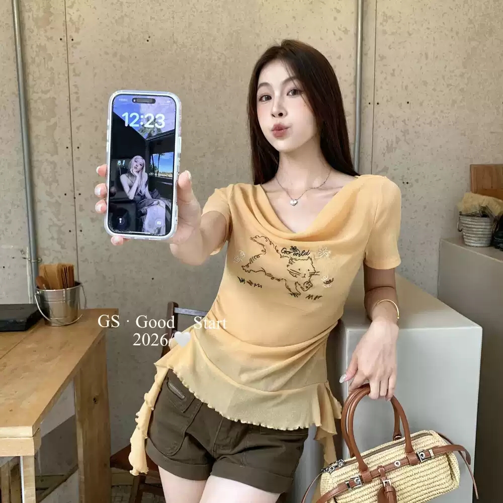 gs-good 2026 새로운 새끼 고양이 반팔 티셔츠 달콤함 캐주얼 고양이 자수 불규칙 흔들다 칼라 맨위 여름