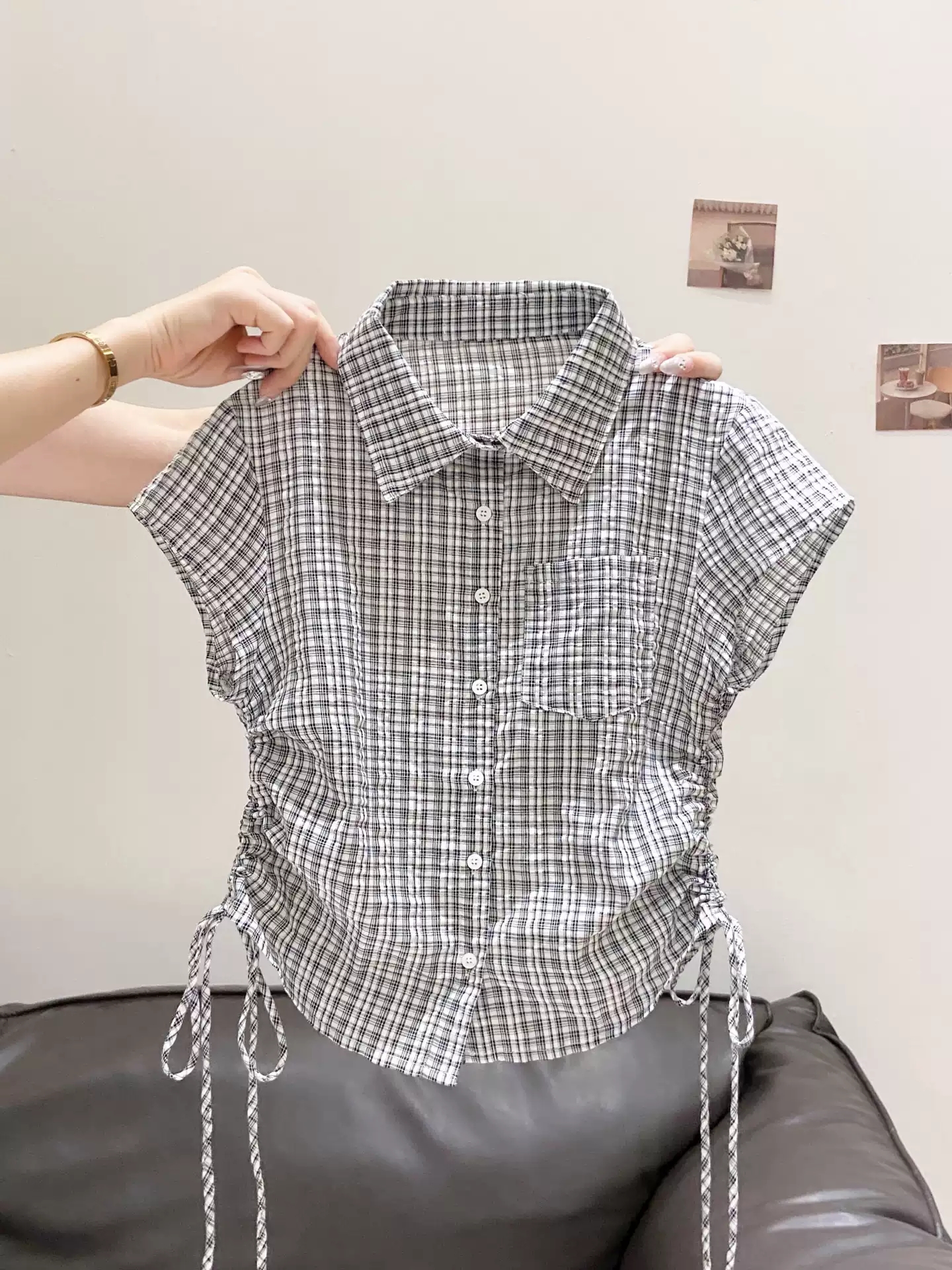 레트로 항구 바람 폴로 칼라 체크무늬 반팔 여성 셔츠 여름 새로운 측면 펌프 로프 허리 수축 슬림해 보이는 출퇴근 짧은 맨위
