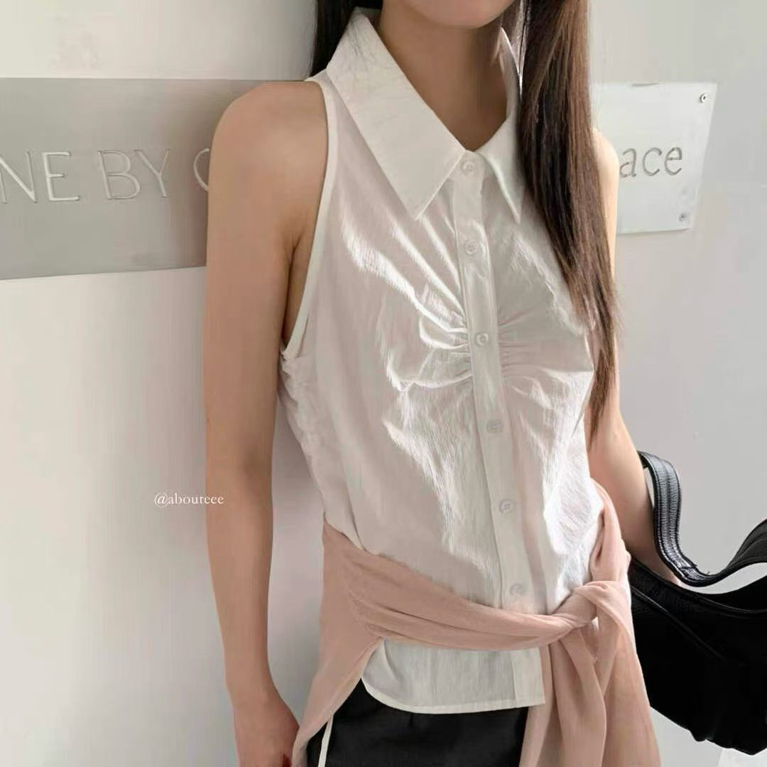 abouteee- 한 부서 핫걸 바람 폴로 칼라 몸매 가꾸기 펌프 Pleat 슬림해 보이는 쇼트 스타일 민소매 작은 셔츠 ea007
