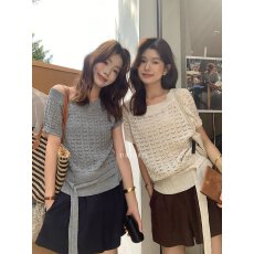 批发THE LEMON柠檬绿茶2026夏季斜肩镂空<b class='q'>针织</b>衫女设计感系带气质上衣