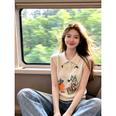 批发温柔风卡通刺绣翻领无袖针织背心女2026夏季<b class='q'>甜美</b>减龄上衣