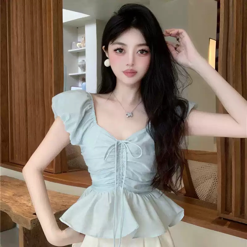 섹시함 펌프 Pleat 오프숄더 달콤함 여성 셔츠 부드러운 바람 여름 순수한 욕망 핫걸 프릴 허리 수축 대양 파이 의류