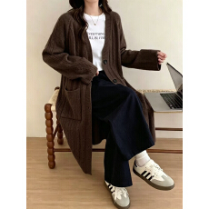 批发春秋冬新款宽松纯色大衣女V领<b class='q'>长款</b>过膝<b class='q'>毛衣外套</b>针织开衫外搭加厚