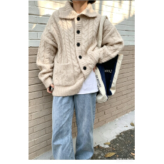 韩系慵懒风翻领麻花针织开衫女宽松显瘦毛衣外套加厚上衣潮