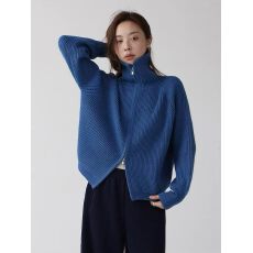批发蓝色毛衣外套女2026秋季穿搭美拉蓝<b class='q'>针织</b>开衫宽松显瘦外穿翻领<b class='q'>上衣</b>