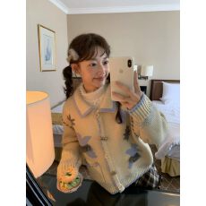 批发翻领甜美撞色毛衣外套女2026新款秋冬加厚童趣风宽松针织开衫上衣