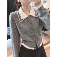 批发韩系小香风灰色慵懒polo领针织<b class='q'>开衫</b>女秋冬季撞色翻领毛衣外套上衣