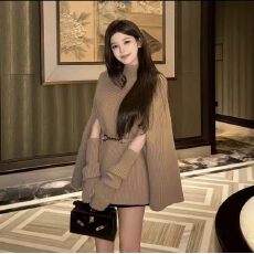 高级感红色半高领正肩针织衫毛衣女春秋冬中长款断袖上衣