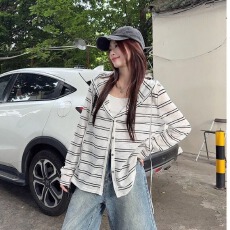 批发原版色织条 复古条纹连帽外套女薄款长袖防晒开衫慵懒风宽松上衣