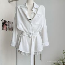 批发面料 乱格麻<b class='q'>衬衫</b> 夏季新款韩系腰带宽松<b class='q'>衬衫</b>+收腰蕾丝裙套装