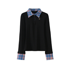 批发金靓 官图【现货+原版质量】假两件格纹拼接polo领<b class='q'>衬衫</b>打底上衣