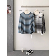 批发金靓 官图【现货+原版质量】秋季减龄廓形宽松撞色条纹长袖圆领<b class='q'>t</b>