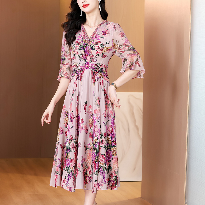 RY8349# 显瘦通勤时尚连衣裙女印花气质妈妈夏装收腰减龄桑蚕丝裙子