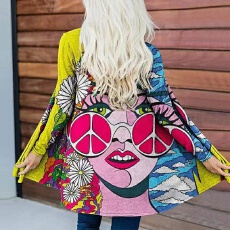 批发2025跨境外贸欧美女装印花风衣外套亚马逊长袖开衫休闲披风外套