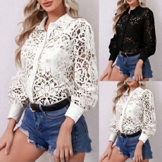 批发跨境2026<b class='q'>欧美</b>时尚翻领 2026新款性感蕾丝镂空花朵长袖衬衫