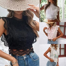 批发2026夏新款亚马逊<b class='q'>欧美</b>热卖款性感镂空纯<b class='q'>色</b>几何<b class='q'>图</b>女上衣蕾丝雪纺衫