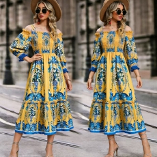批发新款裙子亚马逊2026复古印花露肩长袖<b class='q'>连衣裙</b>气质度假风长裙女