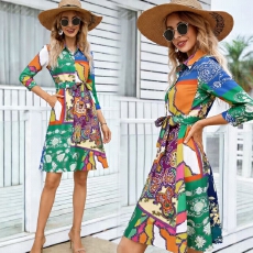 批发亚马逊跨境2026女装夏季<b class='q'>欧美</b>复古印花腰带收腰开衫长裙