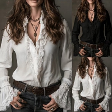 批发欧美蕾丝衬衫女设计感春夏季2025新款拼接薄款小衫长袖气质上衣