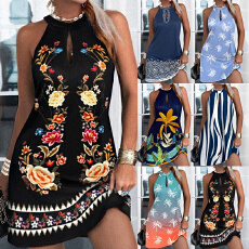 批发2026独立站wish亚马逊爆款 夏季无袖挂脖印花<b class='q'>连衣裙</b>女装