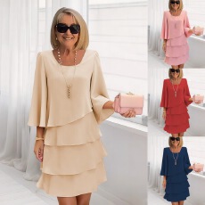 批发2025亚马逊外贸春夏季时尚蛋糕裙女装气质宽松显瘦圆领连衣裙女