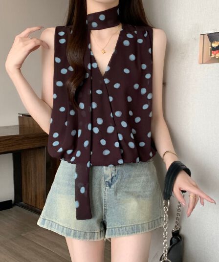 실사 정가 새로운 한 부서 도트 무늬 행침 목 민소매 V넥 조끼