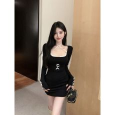 批发满天星 已出货 罗纹 性感纯欲时尚显瘦修身蝴蝶结连衣裙