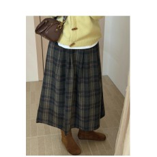 批发复古格子松紧腰半身裙女2025冬季新款过膝长裙学院风百褶裙