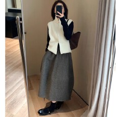 批发Hers 气球裙设计感小众人字纹花苞裙松紧腰半身裙女中长款百搭