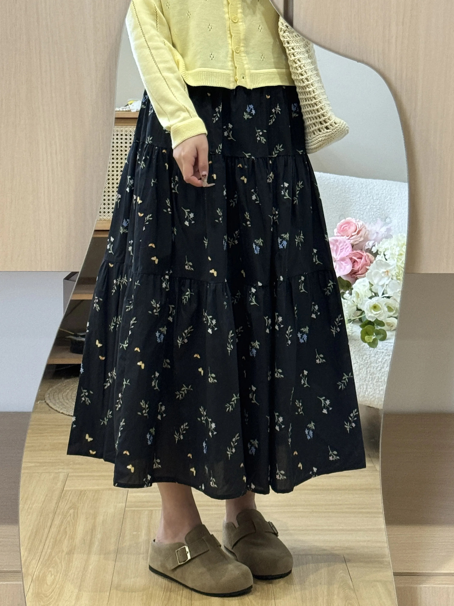 있음 주머니 작은 청신 꽃무늬 허리밴드 반신 스커트 여성 부드러운 달콤함 루즈핏 슬림해 보이는 한 마디 반신 스커트