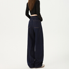 批发2026春季新款美式丹宁蓝提臀设计高腰宽松直筒阔腿拖地<b class='q'>牛仔裤</b>女