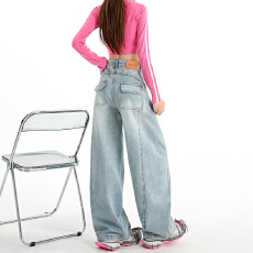 批发2026春季新款袋盖设计提<b class='q'>臀</b>高腰宽松牛仔<b class='q'>裤</b>直筒阔腿拖地牛仔<b class='q'>裤</b>女