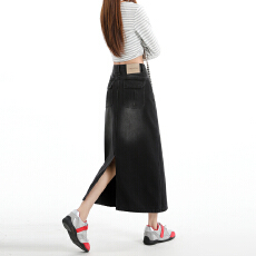 批发春季黑灰色高腰牛仔半身裙女2026新款开叉设计感中长款显瘦包臀裙