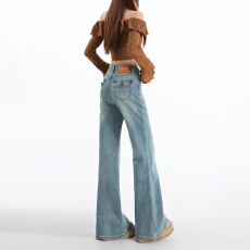 批发2026新款弹力设计感复古<b class='q'>高腰</b>微喇牛仔裤女显瘦喇叭阔腿拖地裤