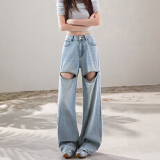 批发夏季破洞<b class='q'>牛仔裤</b><b class='q'>女</b> MX同款个性镶钻高腰宽松阔腿<b class='q'>直筒</b>拖地裤