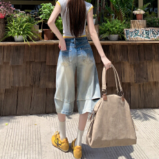 批发渐变色牛仔七分裤<b class='q'>女</b>夏季个性裤脚宽松阔腿高街小个子直筒中裤<b class='q'>女</b>