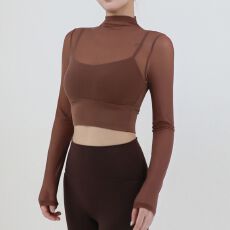 批发带胸垫<b class='q'>T</b><b class='q'>恤</b>女长袖瑜伽服气质网纱跑步运动上衣普拉提自家工厂