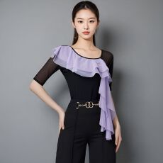 批发瑜伽<b class='q'>服</b>连体衣中袖T恤女拉丁跳舞蹈荷叶披肩上衣自家工厂