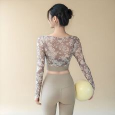 批发带胸垫瑜珈服女长袖<b class='q'>T</b><b class='q'>恤</b>假两件性感修身运动普拉提上衣自家工厂