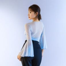 批发带胸垫瑜伽连体长袖T恤女网纱拼接喇叭袖<b class='q'>拉丁舞</b>蹈形体<b class='q'>服</b>自家工厂