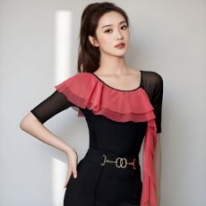 批发瑜伽<b class='q'>服</b>连体衣中袖T恤女拉丁跳舞蹈荷叶披肩上衣自家工厂